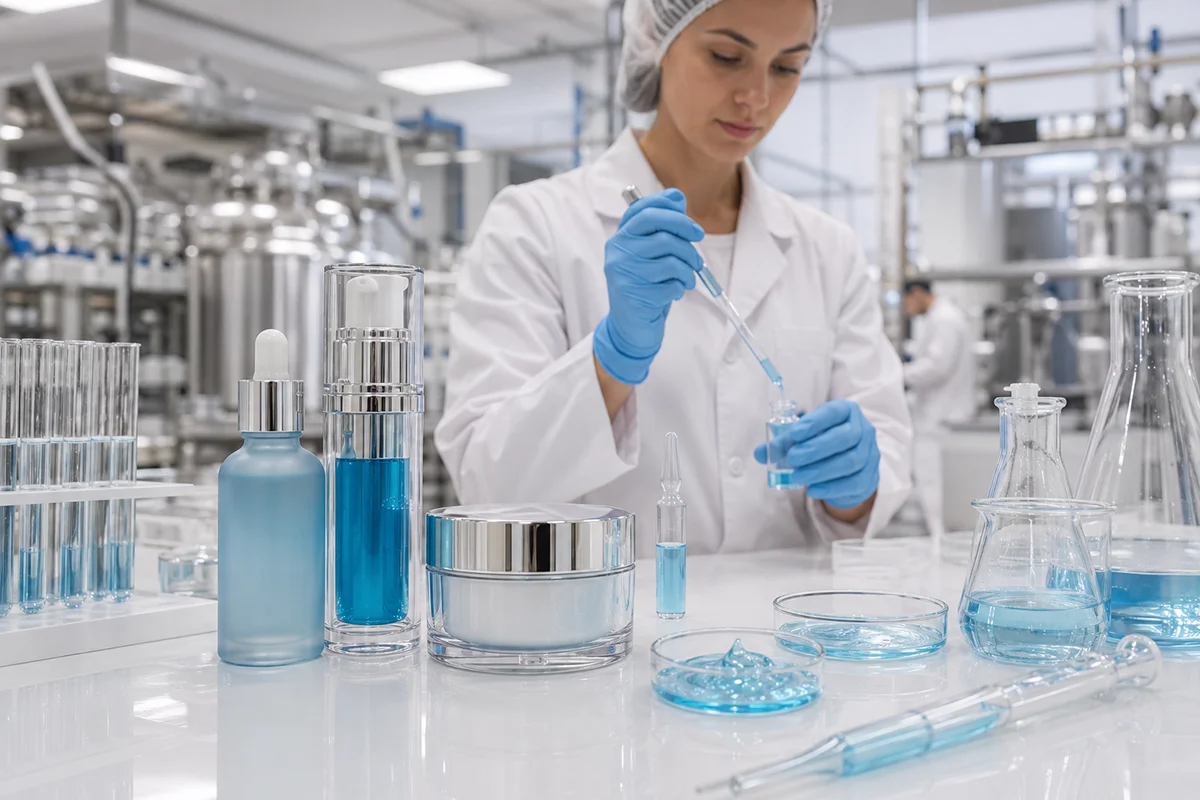 Scientist in lab coat with blue gloves using pipette on blue liquid surrounded by cosmetic containers and glassware.